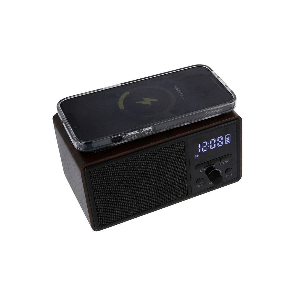 JVD Bluetooth Radio Carabay, Alarm Clock, Wireless Charger, Brown