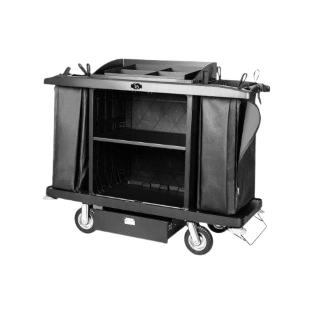 JVD Housekeeping Cart, 1 Shelf + Lockable Drawer, PP Plastic, Black