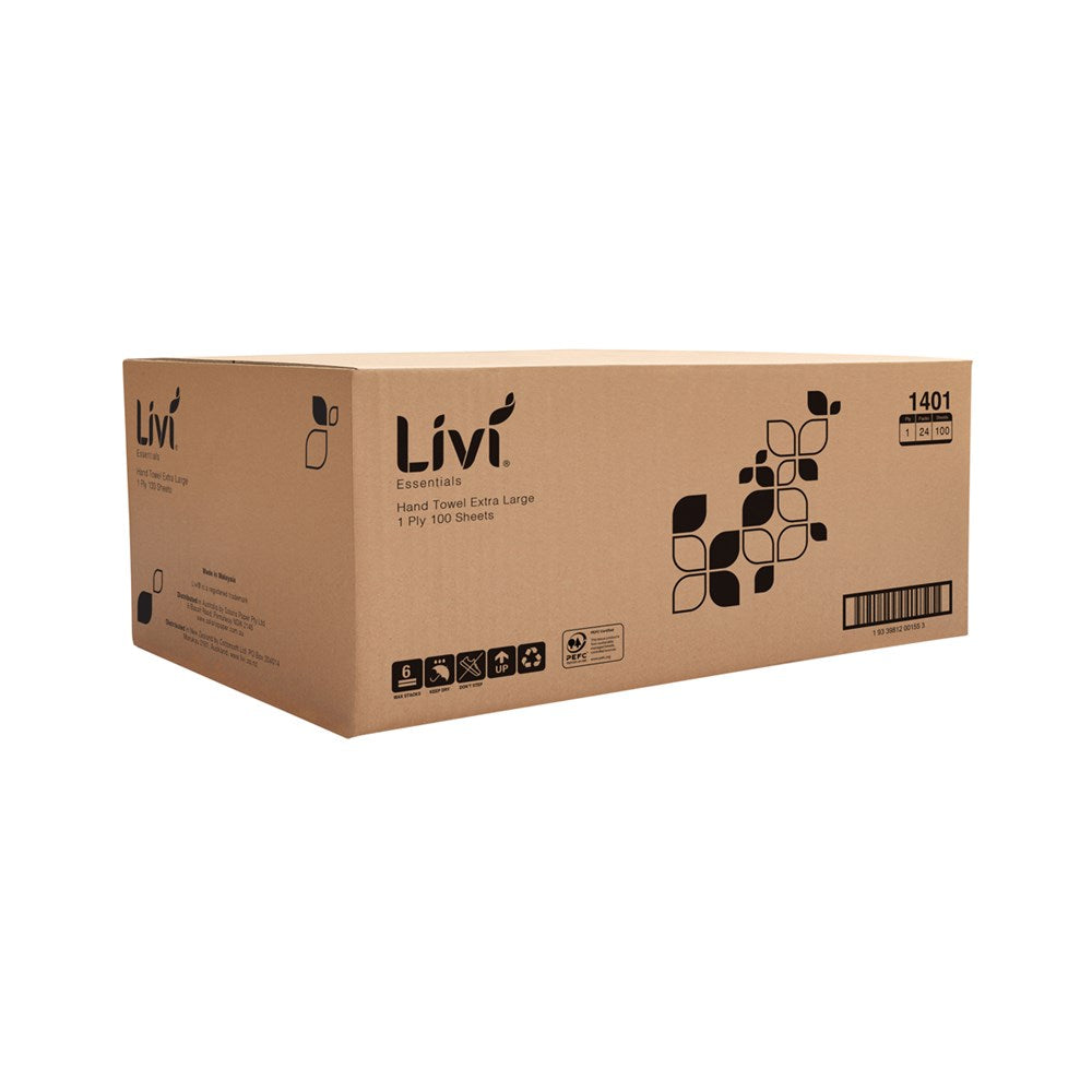Livi XL Hand Towel Essentials, 1 Ply 100 Sheet, Ctn 24