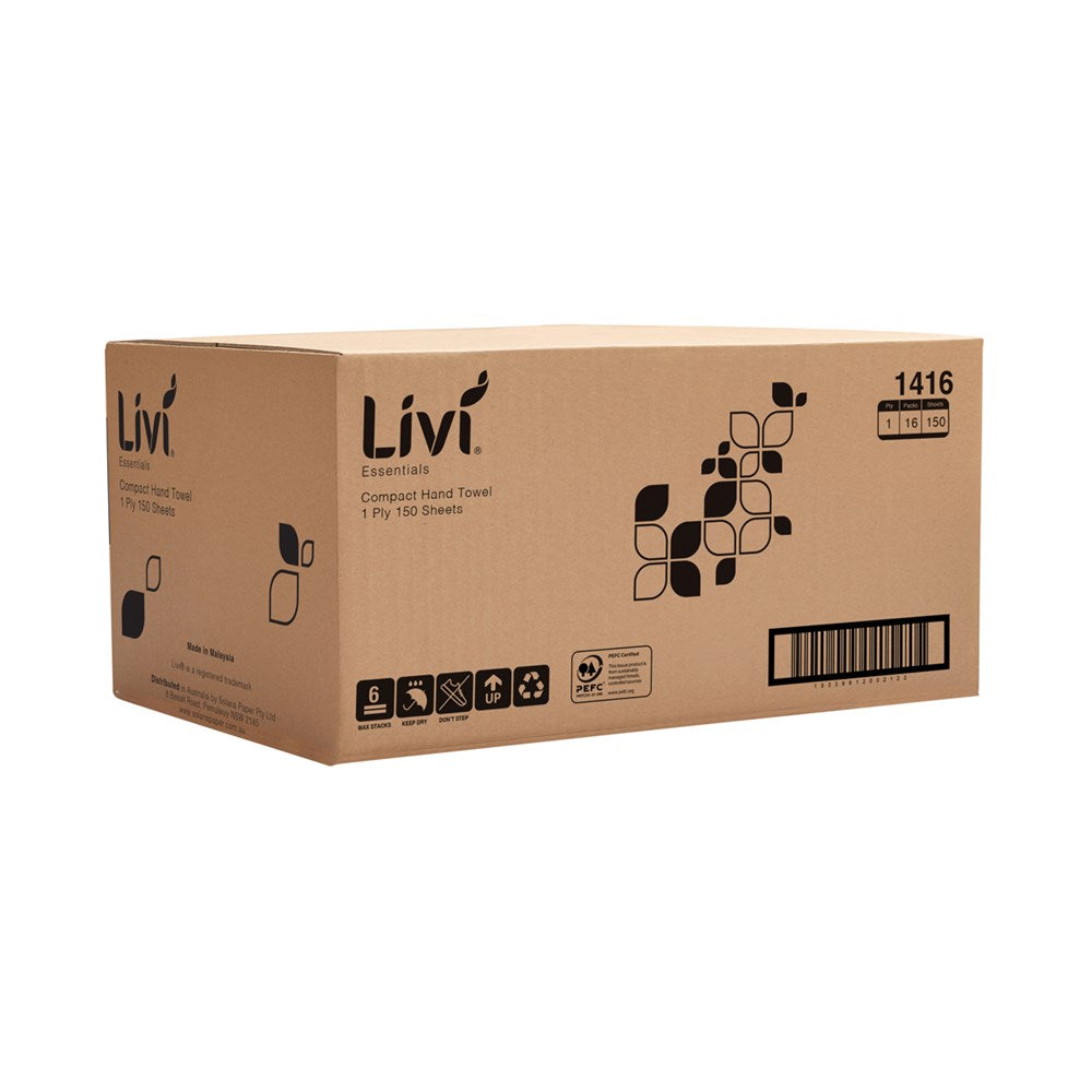 Livi Compact Hand Towel Essentials, 1 Ply 150 Sheet, Ctn 16