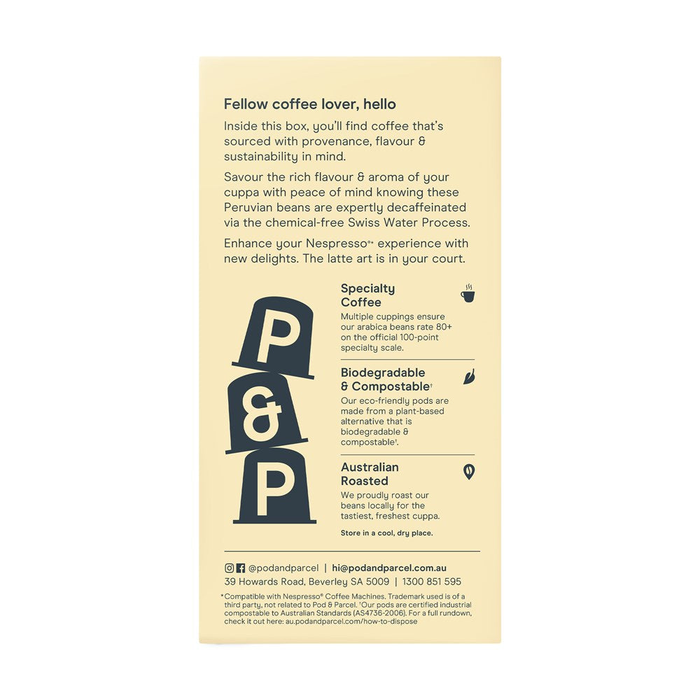 Pod & Parcel Decaf Coffee Pods Peruvian, Intensity 8/13