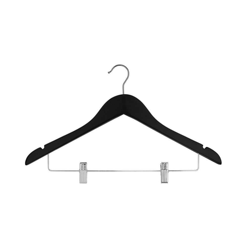 Premium Wooden Hanger with Clips, 20mm, Chrome Hook, Black