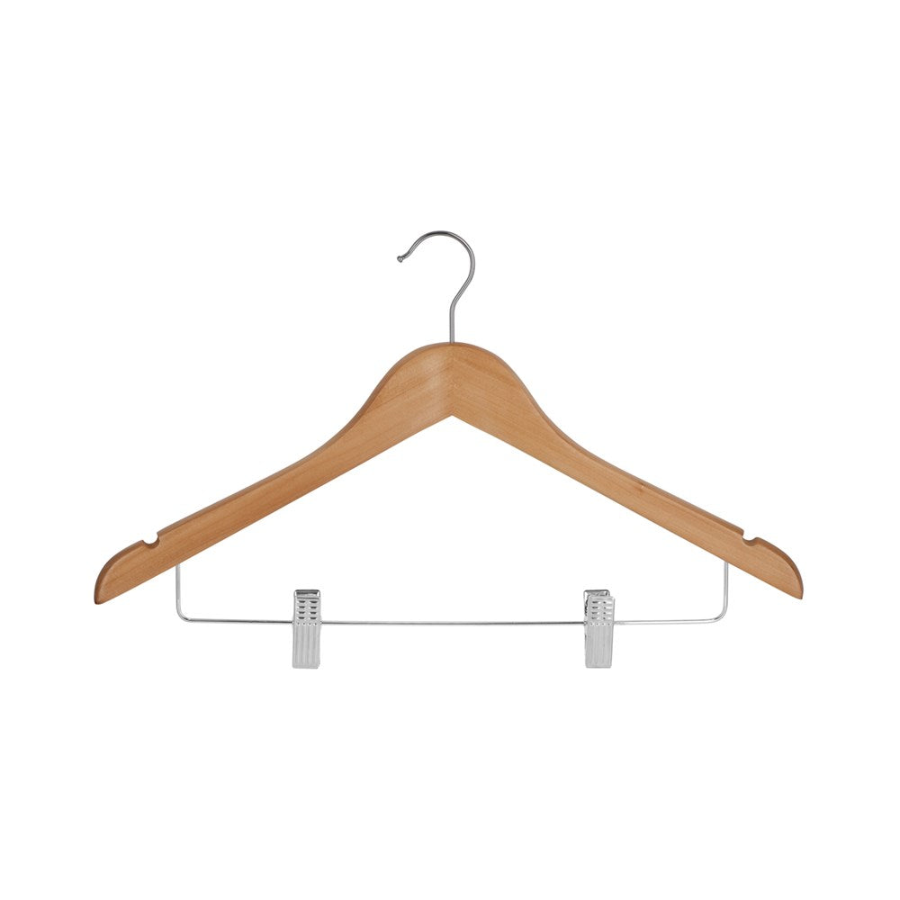 Premium Wooden Hanger with Clips, 20mm, Chrome Hook, Natural