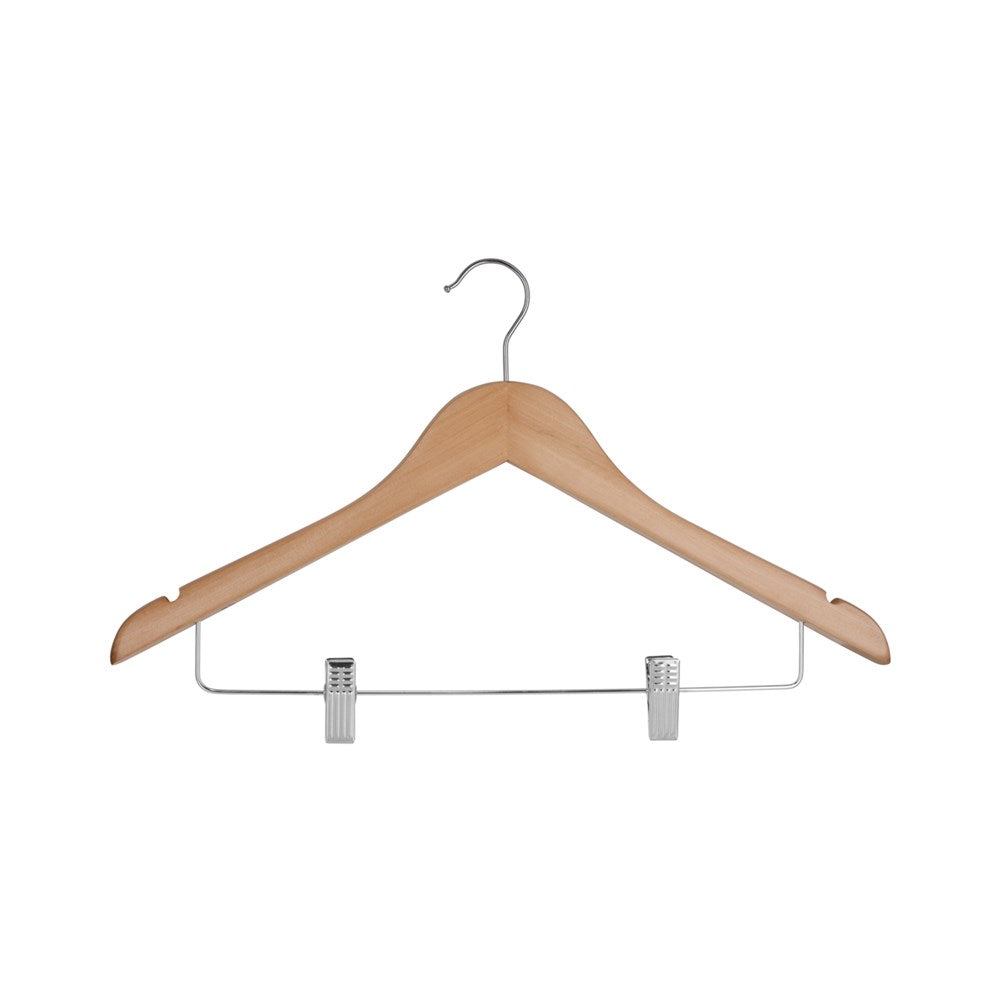 Premium Wooden Hanger with Clips, 20mm, Chrome Hook, Natural
