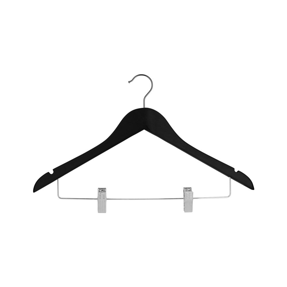 Wooden Hanger with Clips, 12mm, Chrome Hook, Black