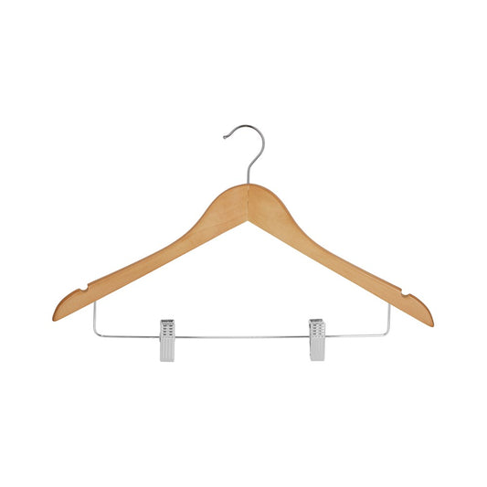 Wooden Hanger with Clips, 12mm, Chrome Hook, Natural