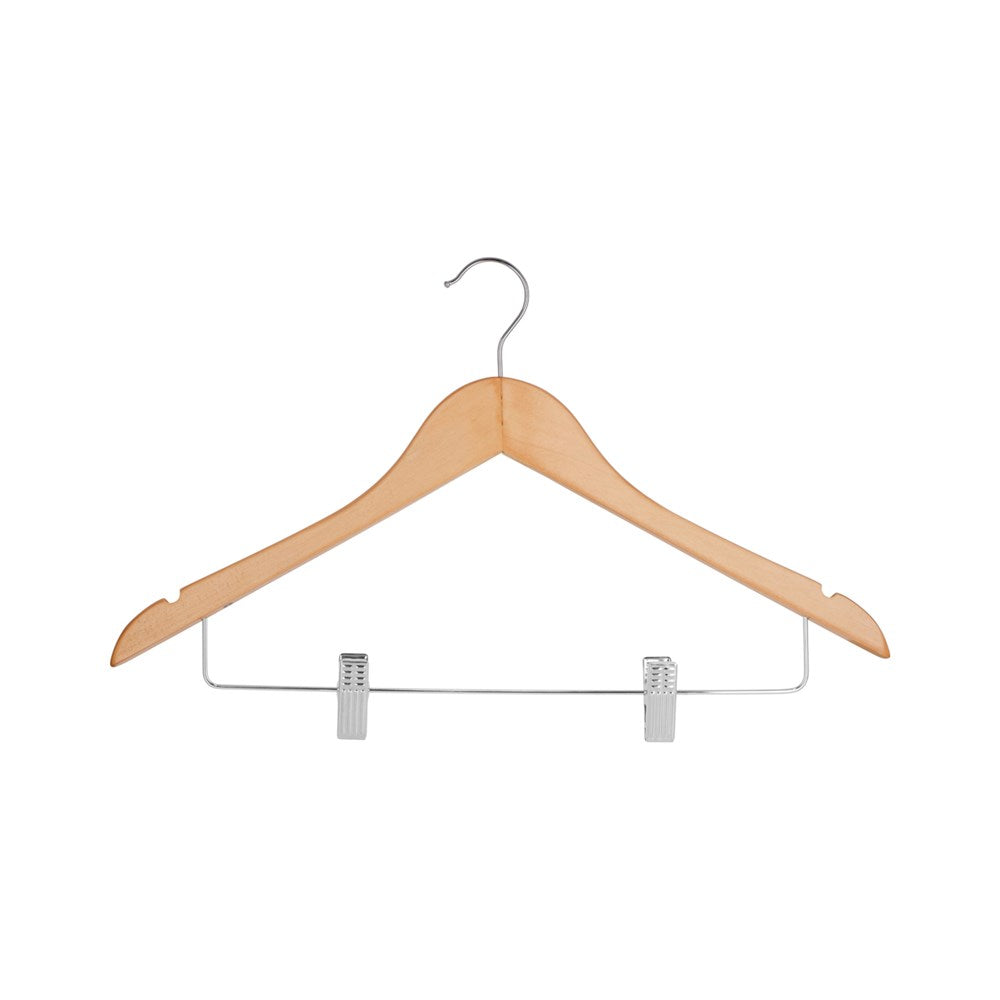Wooden Hanger with Clips, 12mm, Chrome Hook, Natural