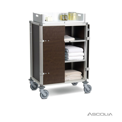 Ascolia Compact Housekeeping Cart VEGA, 3 Shelves + Partitions & Doors, Wenge Oak