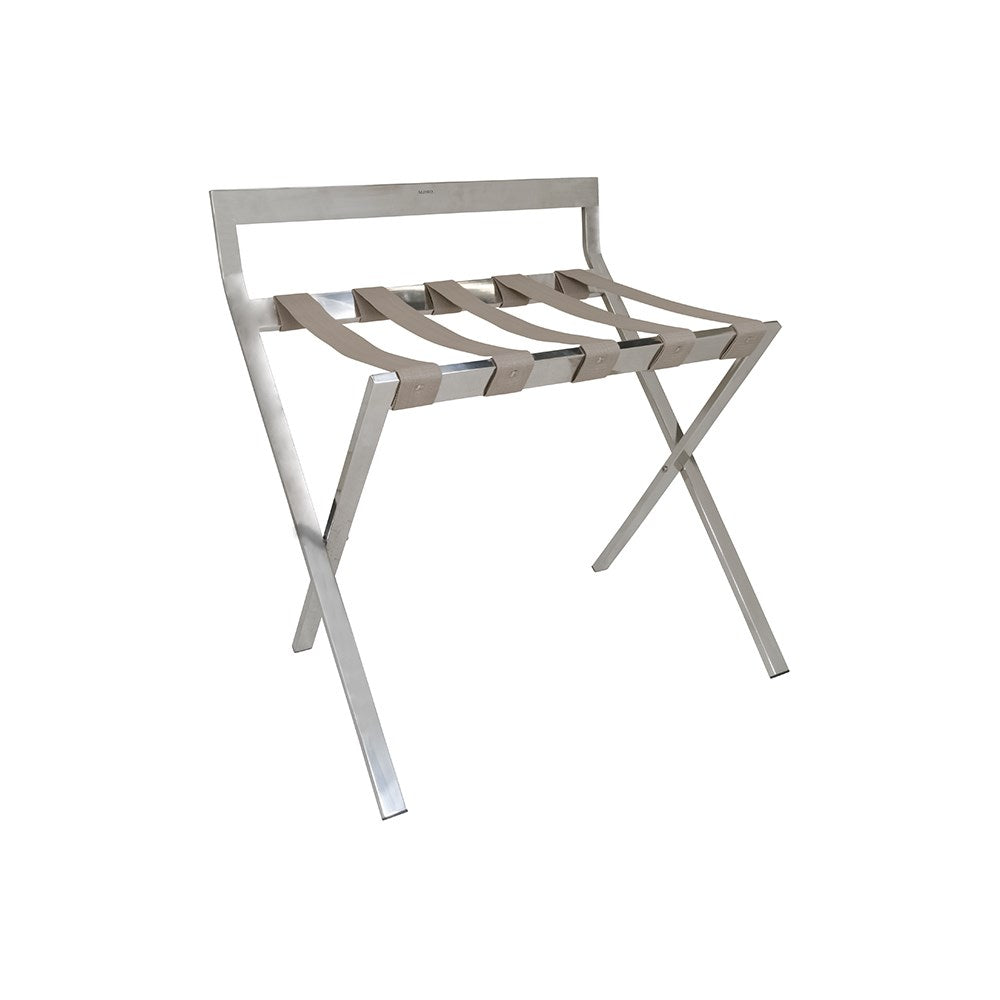 ALISEO Luggage rack with back, chrome finish, With beige straps. 67,5 x 69/53 x 59,5 cm, Folded 67,5 x 89 x 9 cm (W x H x D), Material: stainless steel, chrome plated
