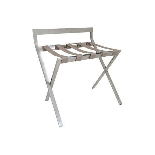 ALISEO Luggage rack with back, chrome finish, With beige straps. 67,5 x 69/53 x 59,5 cm, Folded 67,5 x 89 x 9 cm (W x H x D), Material: stainless steel, chrome plated