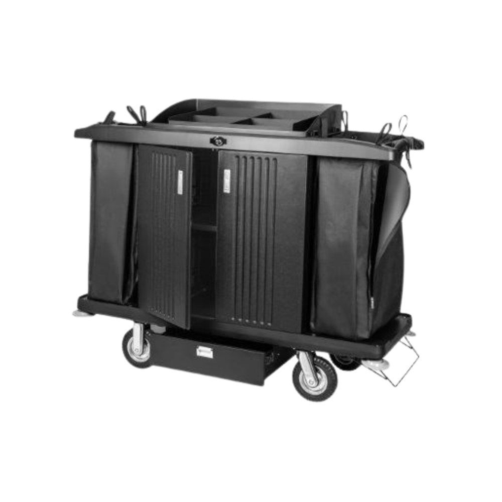 JVD Housekeeping Cart, 1 Shelf + Lockable Doors & Drawer, PP Plastic, Black