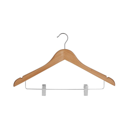 Premium Wooden Hanger with Clips, 20mm, Chrome Hook, Natural